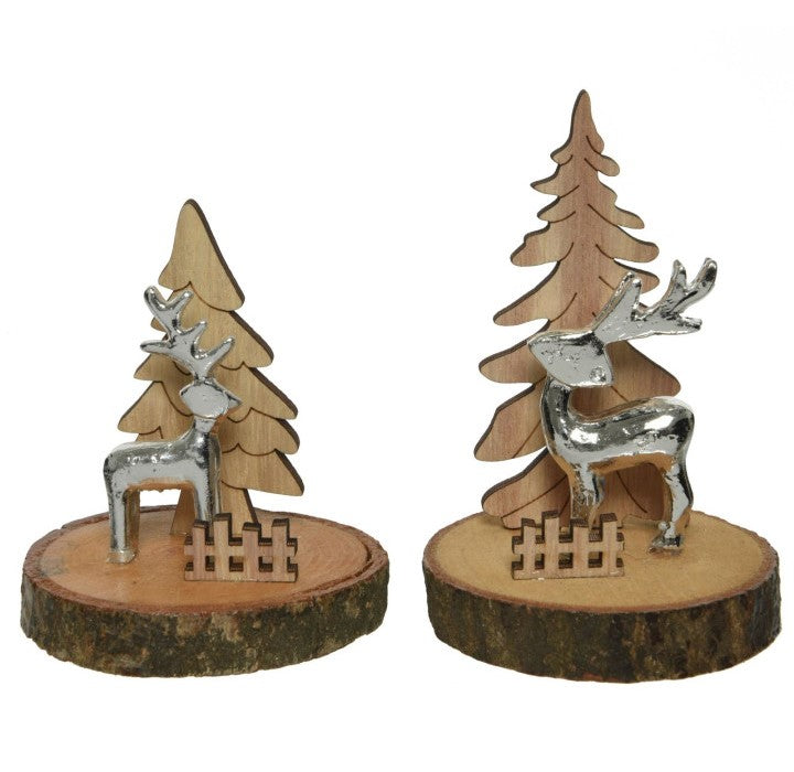12 cm große silberne Rentier-Weihnachtsdekoration mit Holzbaum, versch – Peragashop