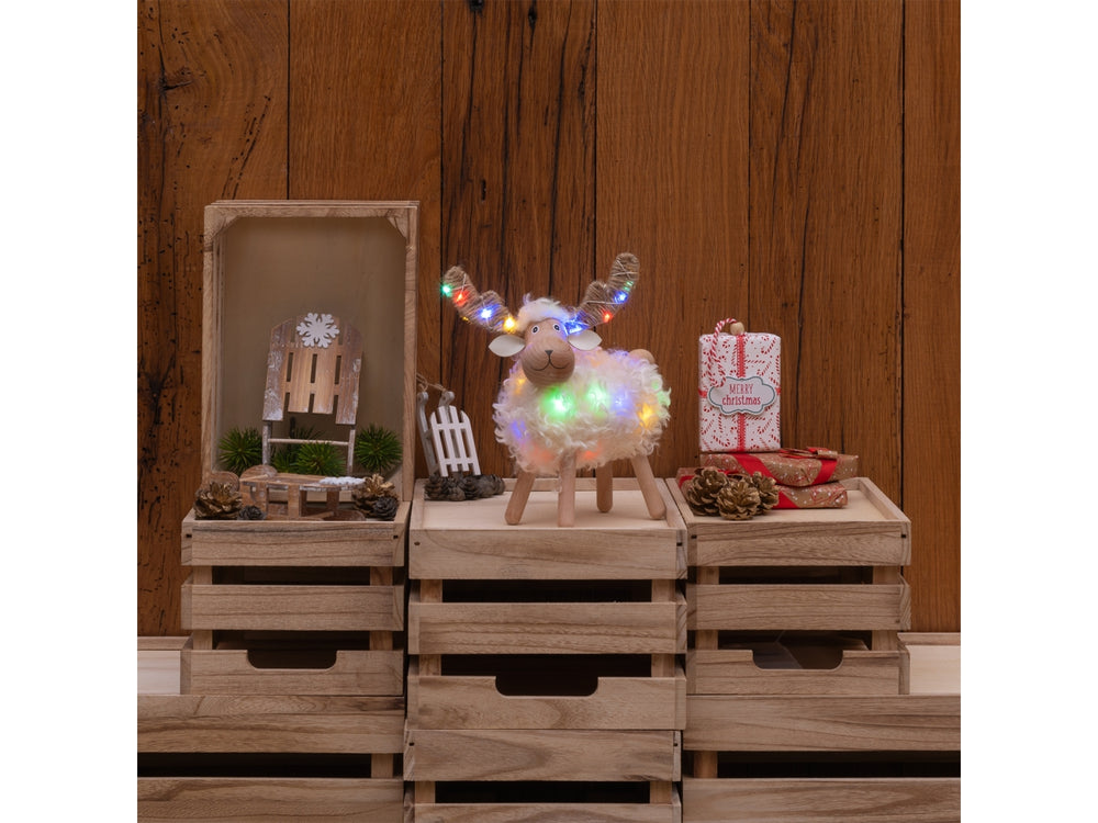 Dekoratives Schaf 23 cm, 32 Micro-LEDs, warmweiß und multicolor, batteriebetrieben (3xAA), für den Innenbereich, Peraga Christmas