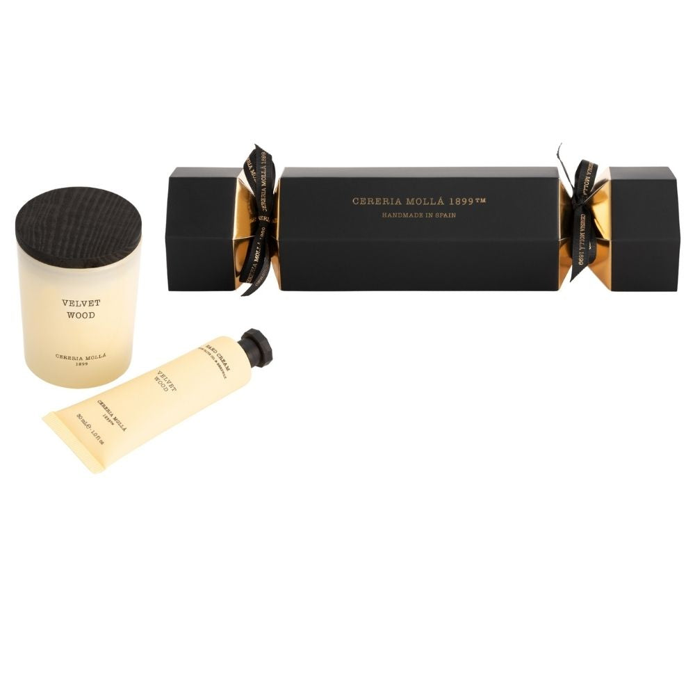 Set regalo Cracker Velvet Wood con candela 70g e crema mani 30ml CERERIA MOLLÁ