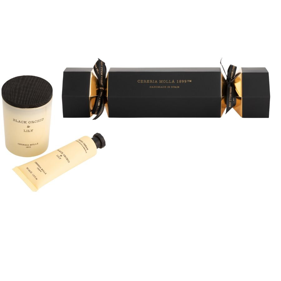 Set regalo Cracker Black Orchid & Lily con candela 70g e crema mani 30ml 26 cm CERERIA MOLLÁ