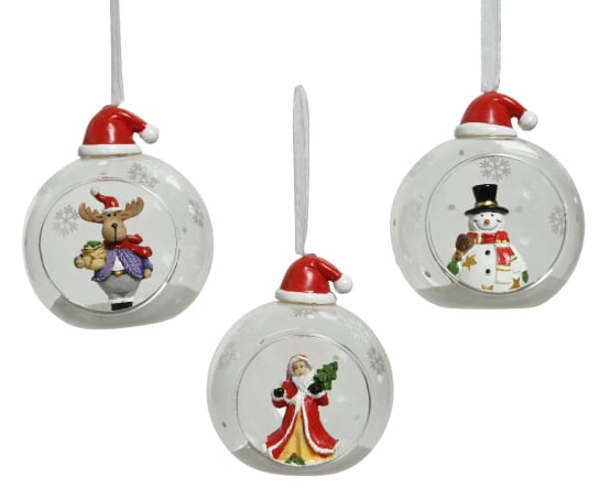 PALLINA DI NATALE TRASPARENTE CON BABBO NATALE / RENNA / PUPAZZO DI NEVE 8CM ASSORTITA