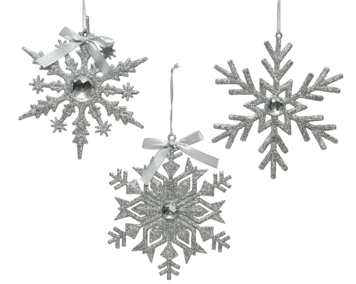 OFFERTA 3 FIOCCHI DI NEVE ARGENTO GLITTER ASSORTITO 15X0,5CM