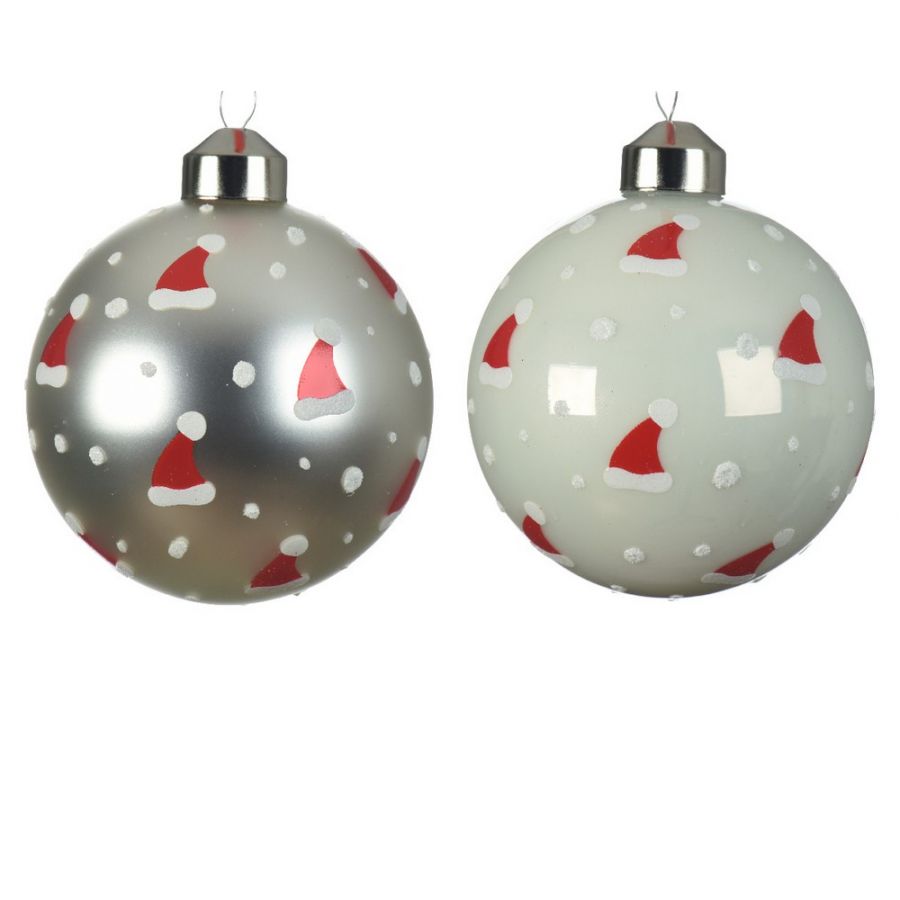 PALLINA DI NATALE BIANCA/ARGENTO CON CAPPELLI DI BABBO NATALE 8CM ASSORTITA