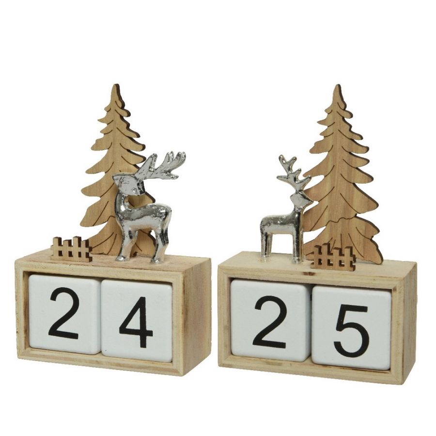 CALENDARIO NATALIZIO RENNA ARGENTO CON ALBERO IN LEGNO 12CM MODELLO ASSORTITO