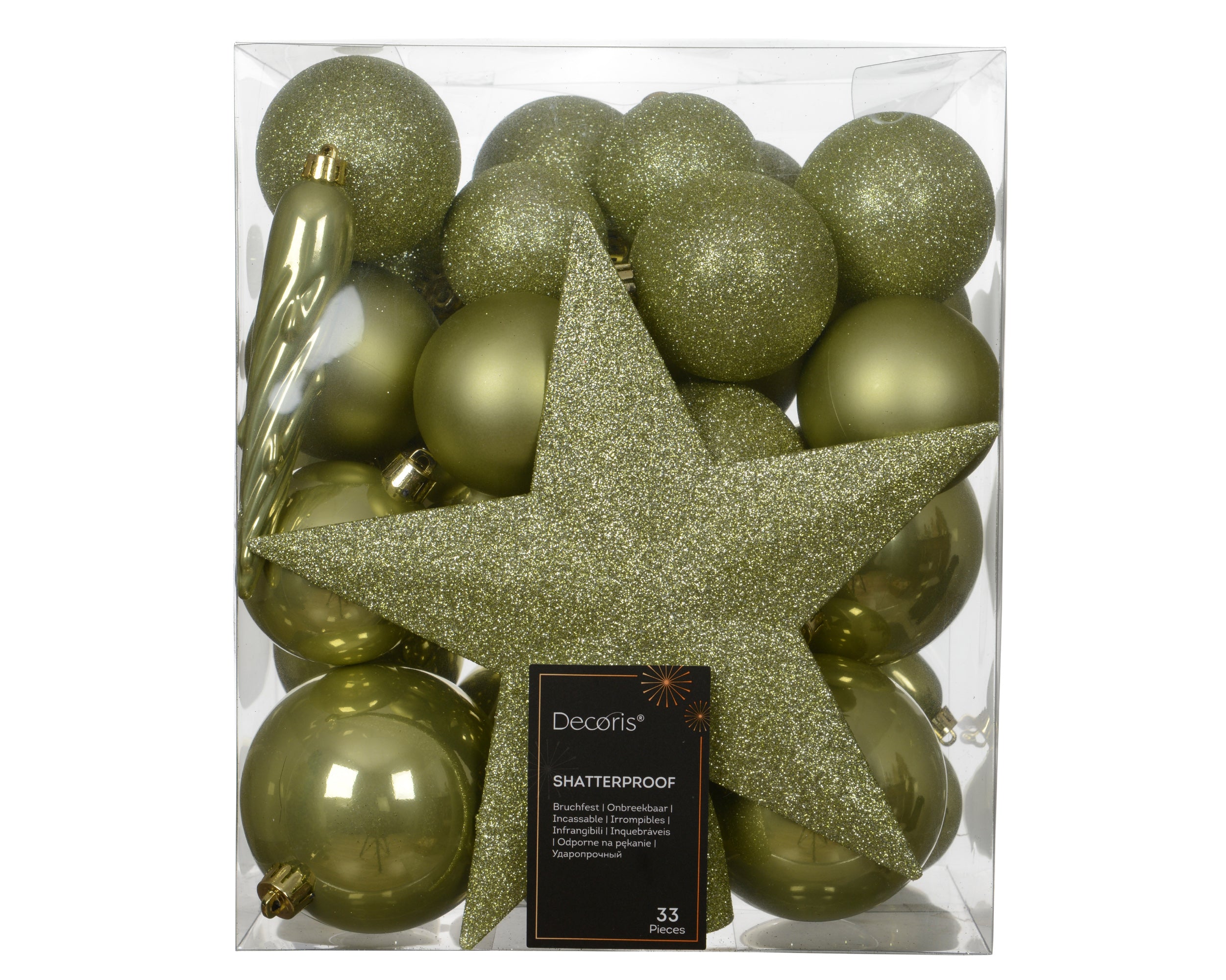 Set 33 palline di natale infrangibili mix finiture D 8 cm verde pistacchio Peraga Christmas