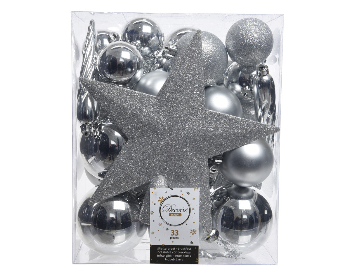 33 PALLINE DI NATALE+PUNTALE ARGENTO ASSORTITE
