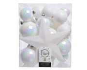 33 PALLINE DI NATALE+PUNTALE BIANCO IRIDESCENTE ASSORTITE