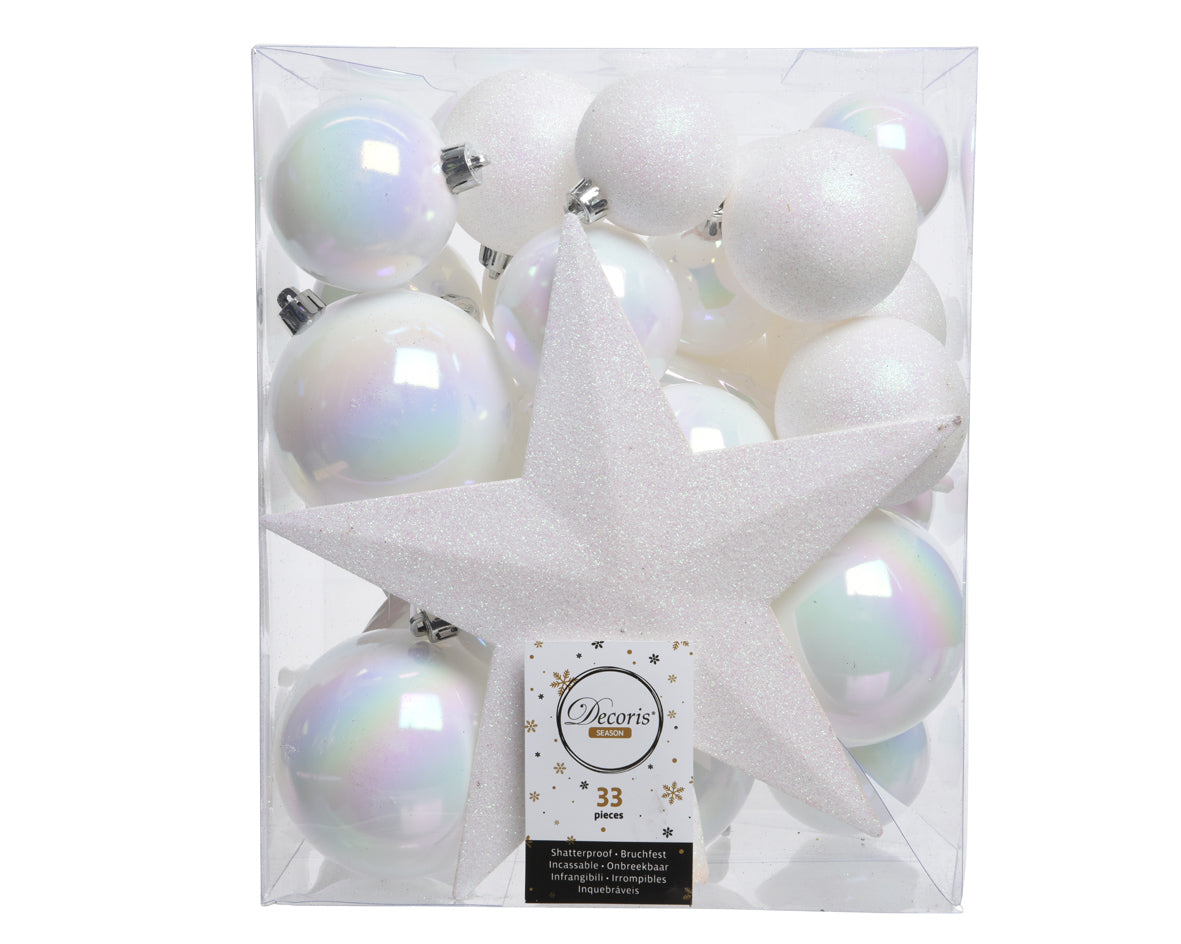33 PALLINE DI NATALE+PUNTALE BIANCO IRIDESCENTE ASSORTITE