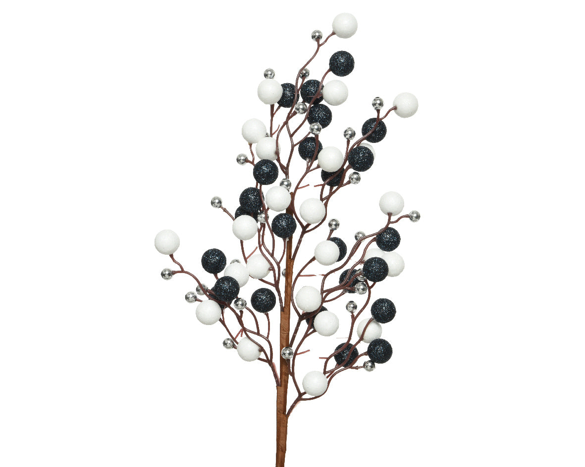 RAMO NATALIZIO CON BACCHE E GLITTER H60CM BIANCO/ARGENTO