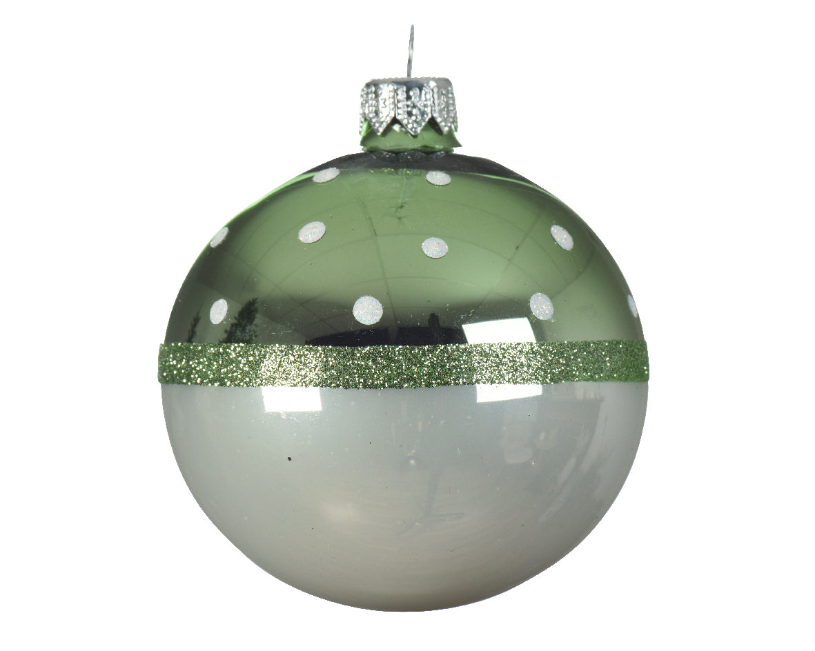 PALLINA DI NATALE VERDE/BIANCA CON GLITTER 8CM