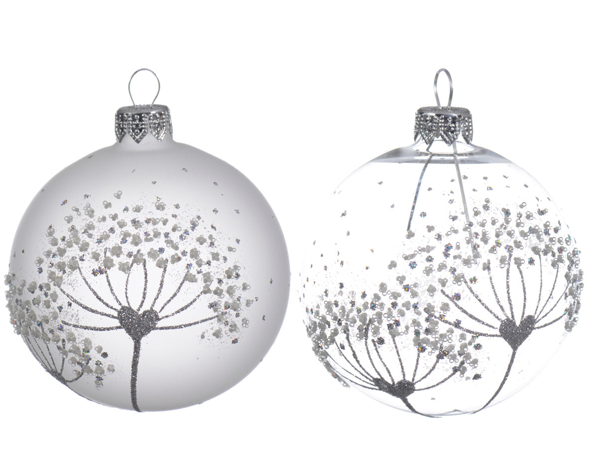 PALLINA DI NATALE IN VETRO ARGENTO O TRASPARENTE DECORZIONE FIORE 8CM ASSORTITA