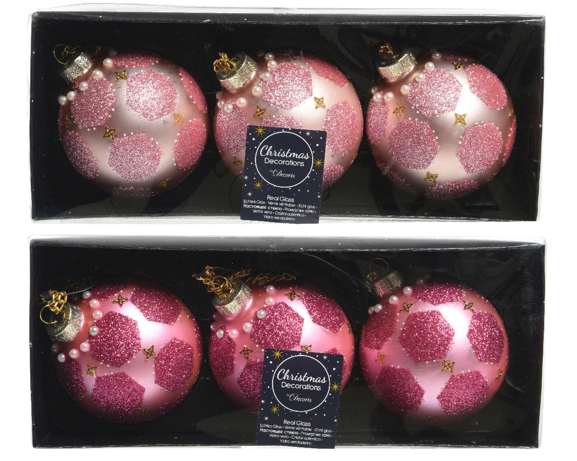 1 PALLINA DI NATALE ROSA CON GLITTER E PERLE IN VETRO 8CM