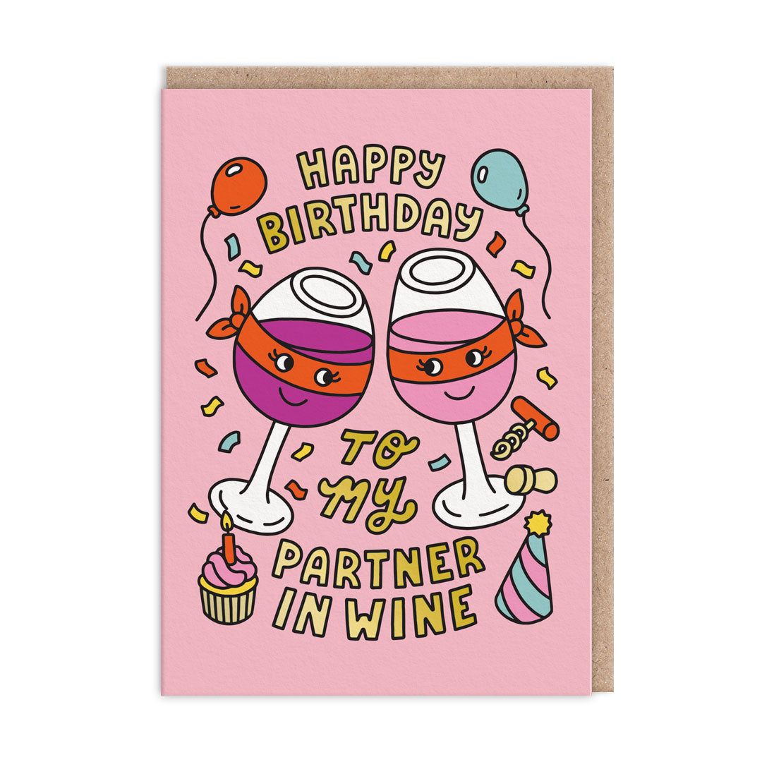 Ohh Deer Biglietto di auguri "Partner in Wine Birthday" A6, rosa/kraft