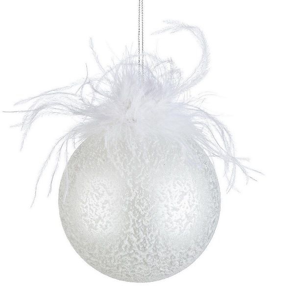 PALLINA DI NATALE IN VETRO PLUMETTE BIANCO 8CM