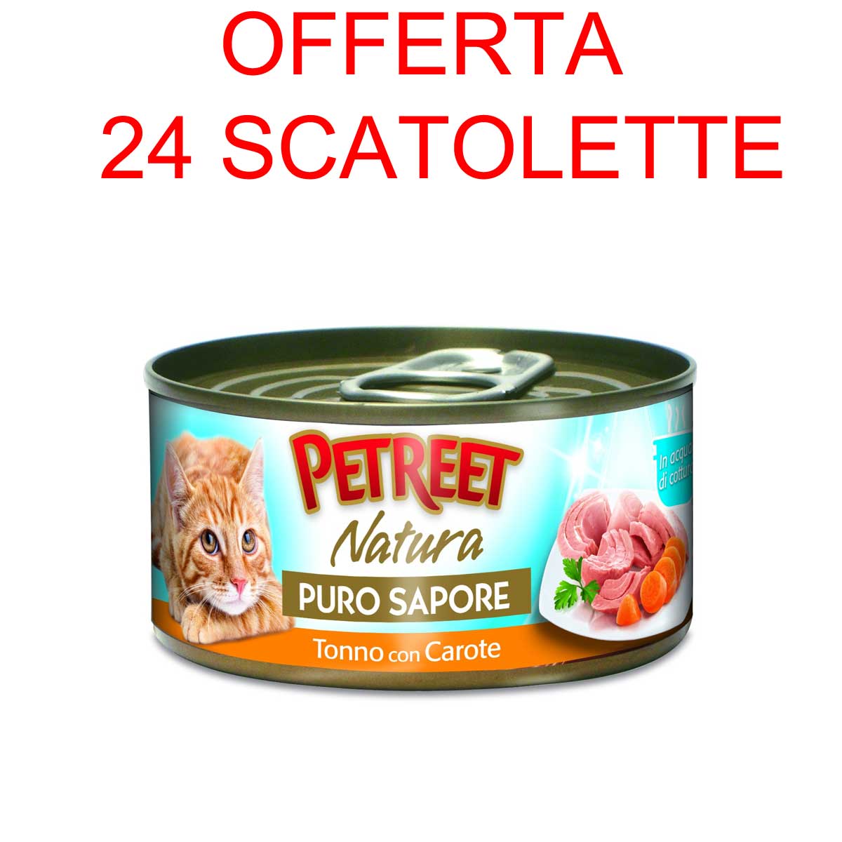 OFFERTA 24 SCATOLETTE CIBO UMIDO GATTO NATURA PURO SAPORE TONNO/CAROTE 70GR
