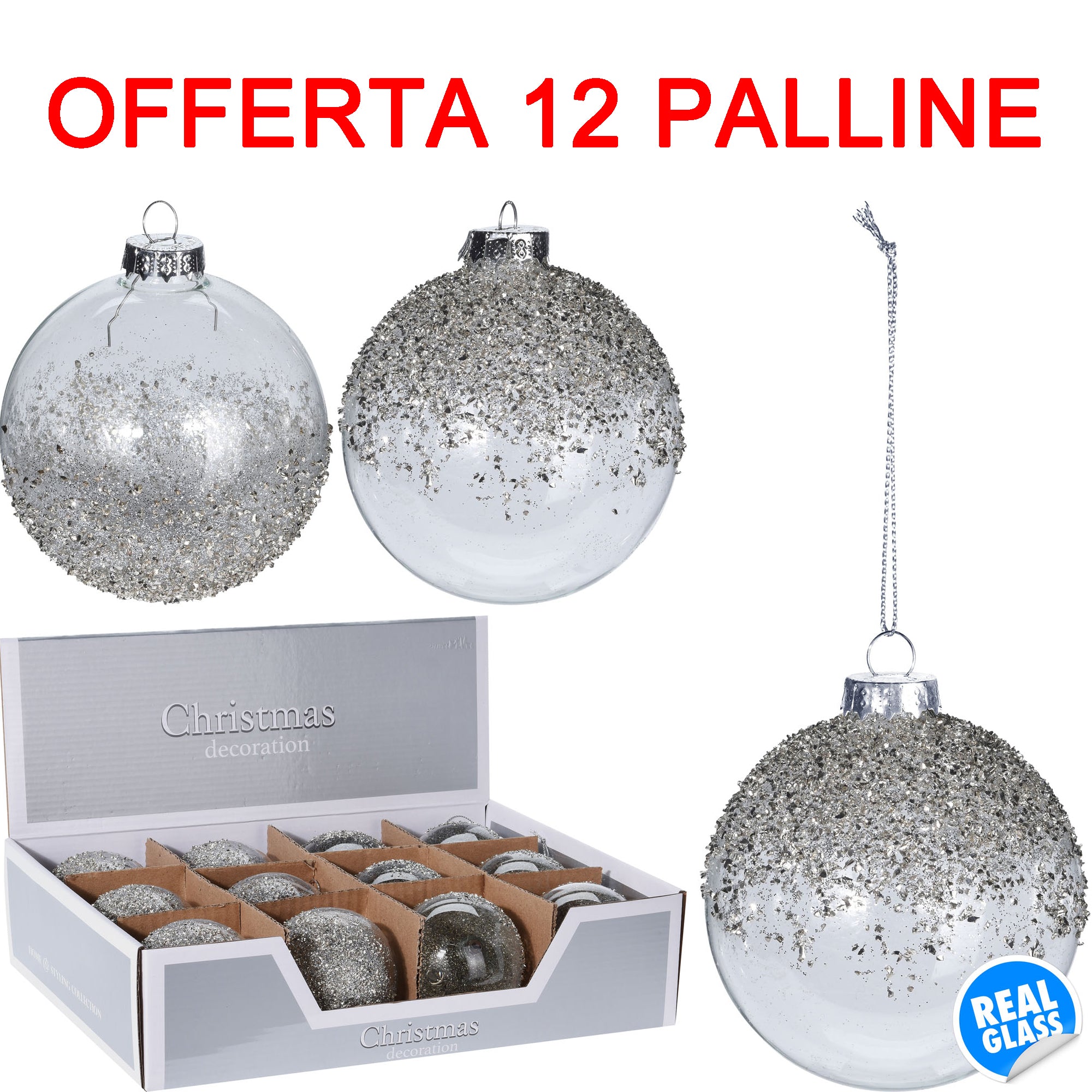 OFFERTA 12 PALLINE DI NATALE 8CM IN VETRO CON GLITTER ARGENTO ASSORTITA