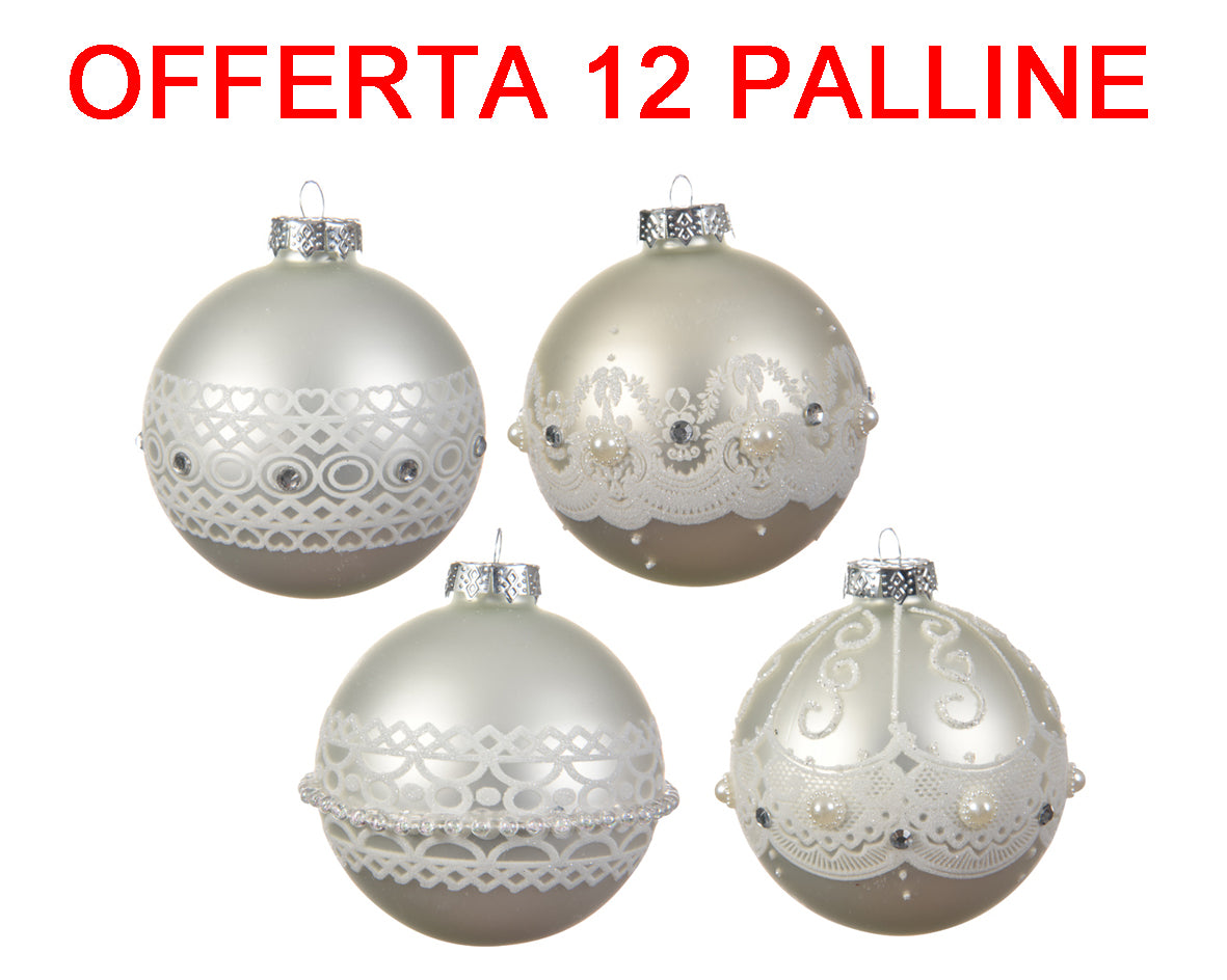 OFFERTA 12 PALLINE DI NATALE 8CM ARGENTO DECORAZIONE IN ORGANZA ASSORTITA