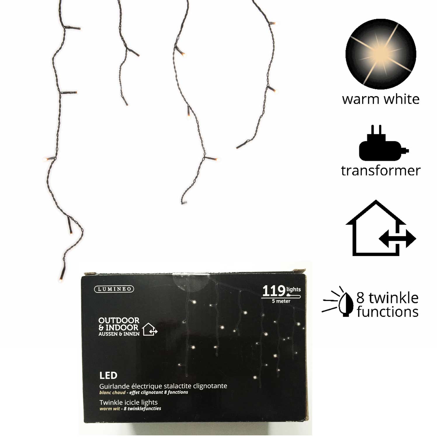 LUCI 119 MINI LED EFFETTO GHIACCIOLO BIANCO CALDO