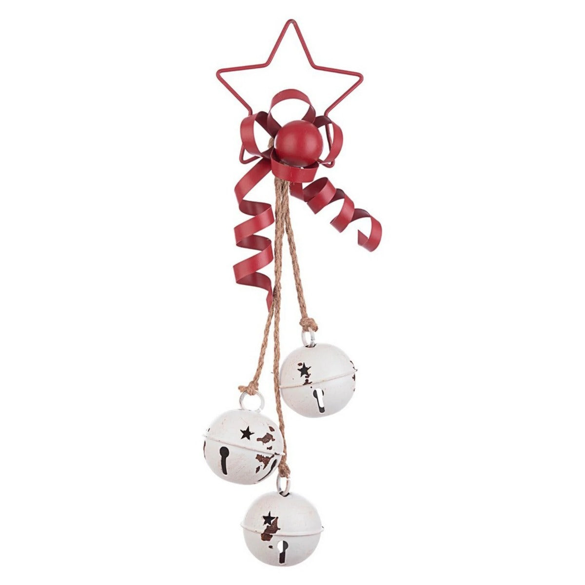 STELLA CON NASTRO E CAMPANELLINI PENDAGLIO NATALIZIO BIANCO E ROSSO H 48 CM
