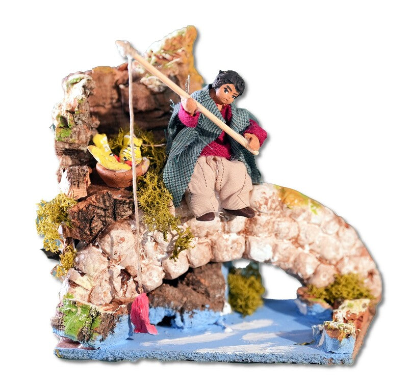 Presepe Pescatore Bambino con Ponte a Movimento cm 14x9x13