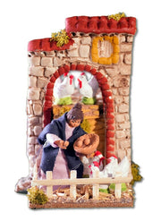 Presepe Bambina con Galline a Movimento 9x14x16cm