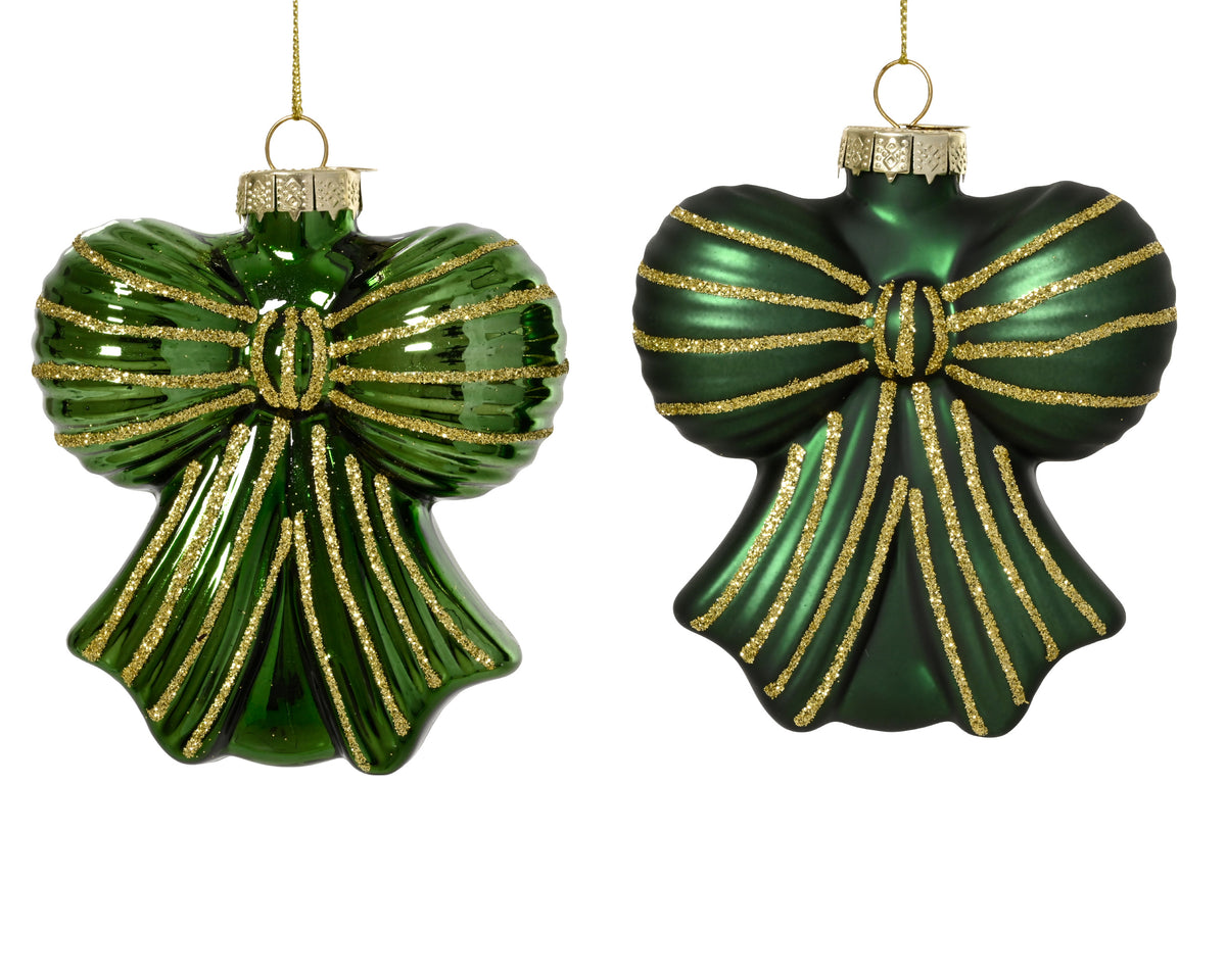 Pendente fiocco in vetro con linea glitter 9 x 4,2 x 10 cm verde pino Peraga Christmas