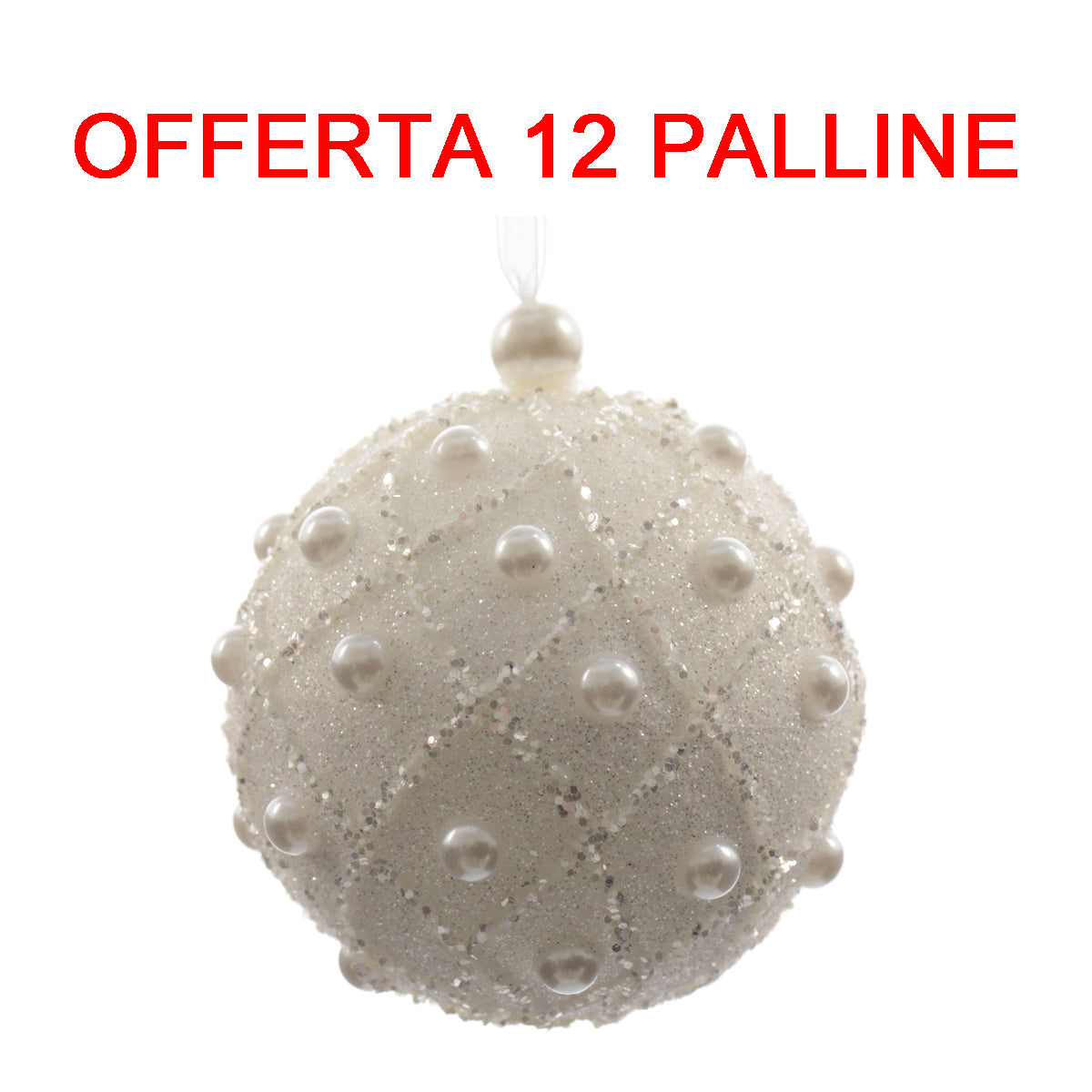 OFFERTA 12 PALLINE DI NATALE 8CM CON PERLINE BIANCO