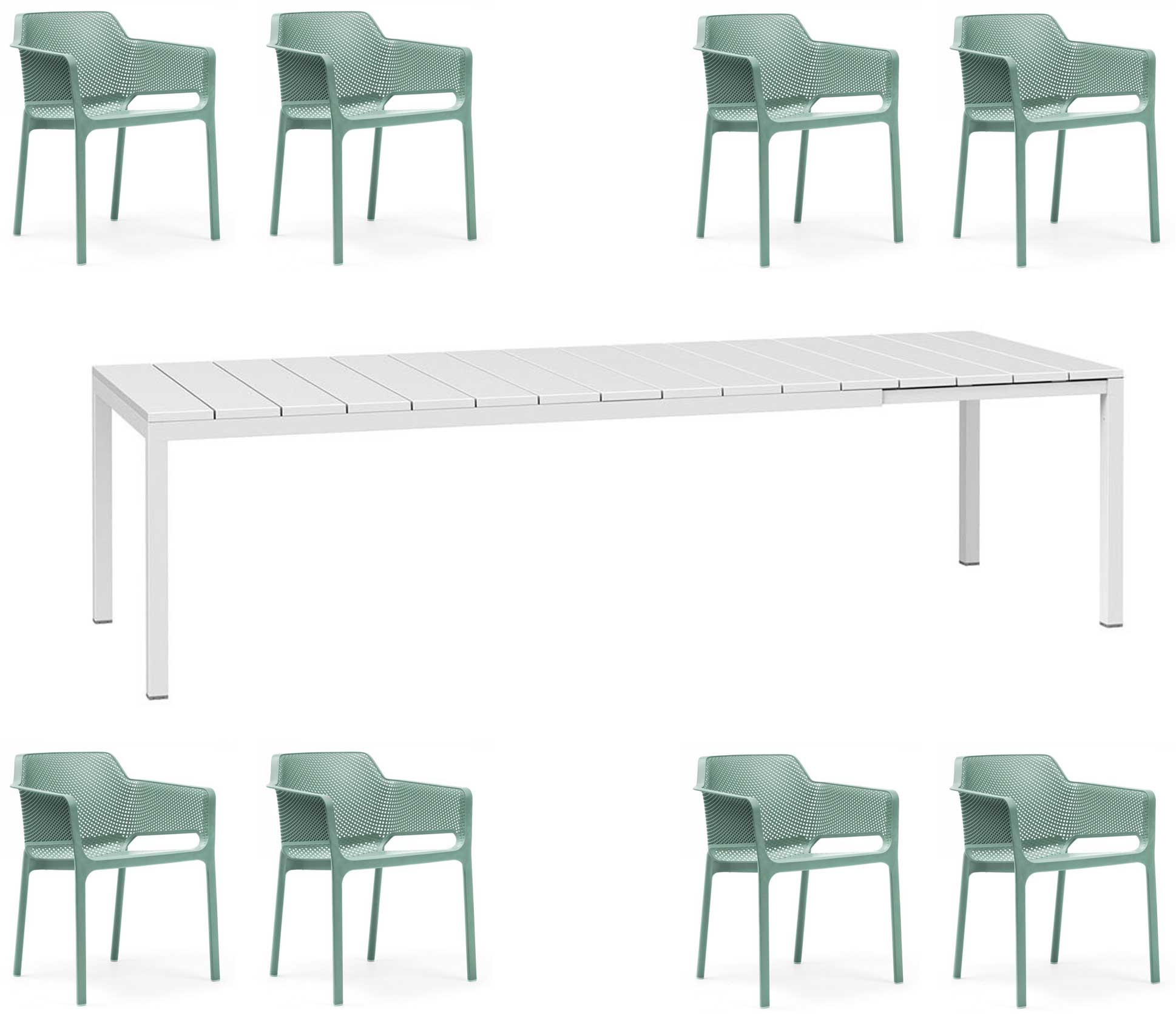OFFRE : TABLE EXTENSIBLE RIO 210/280 + 8 FAUTEUILS EN FILET DANS LA COULEUR DE VOTRE CHOIX
