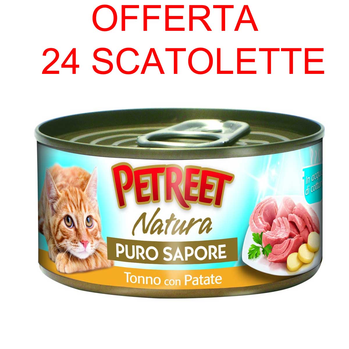OFFERTA 24 SCATOLETTE CIBO GATTO ADULTO NATURA PURO SAPORE TONNO/PATATE 70GR