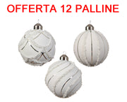 OFFERTA 12 PALLINE DI NATALE 8CM BIANCO LINEE ARGENTO DECORAZIONE ASSORTITA