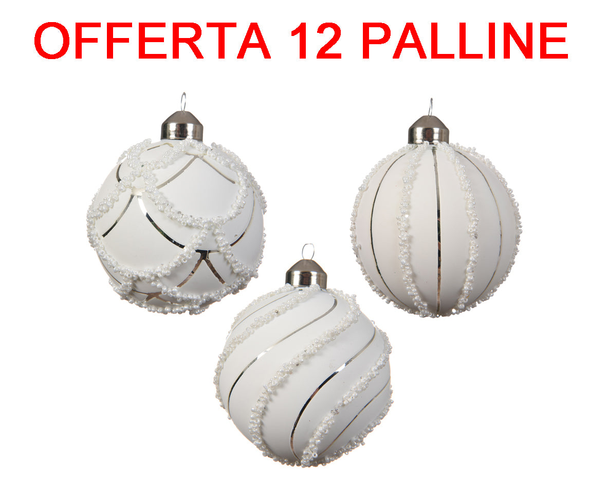 OFFERTA 12 PALLINE DI NATALE 8CM BIANCO LINEE ARGENTO DECORAZIONE ASSORTITA