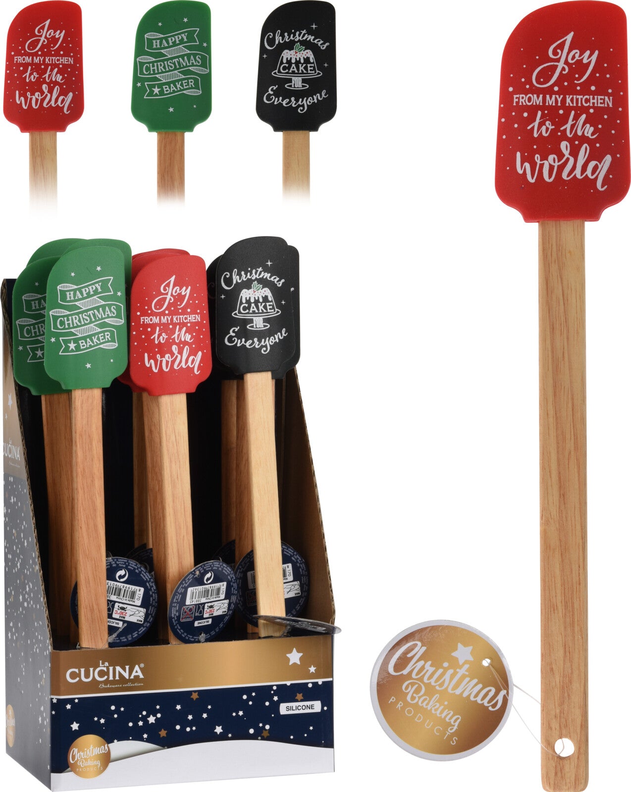 SPATOLA DA CUCINA IN LEGNO/SILICONE CON SCRITTA NATALIZIA COLORE ASSORTITO