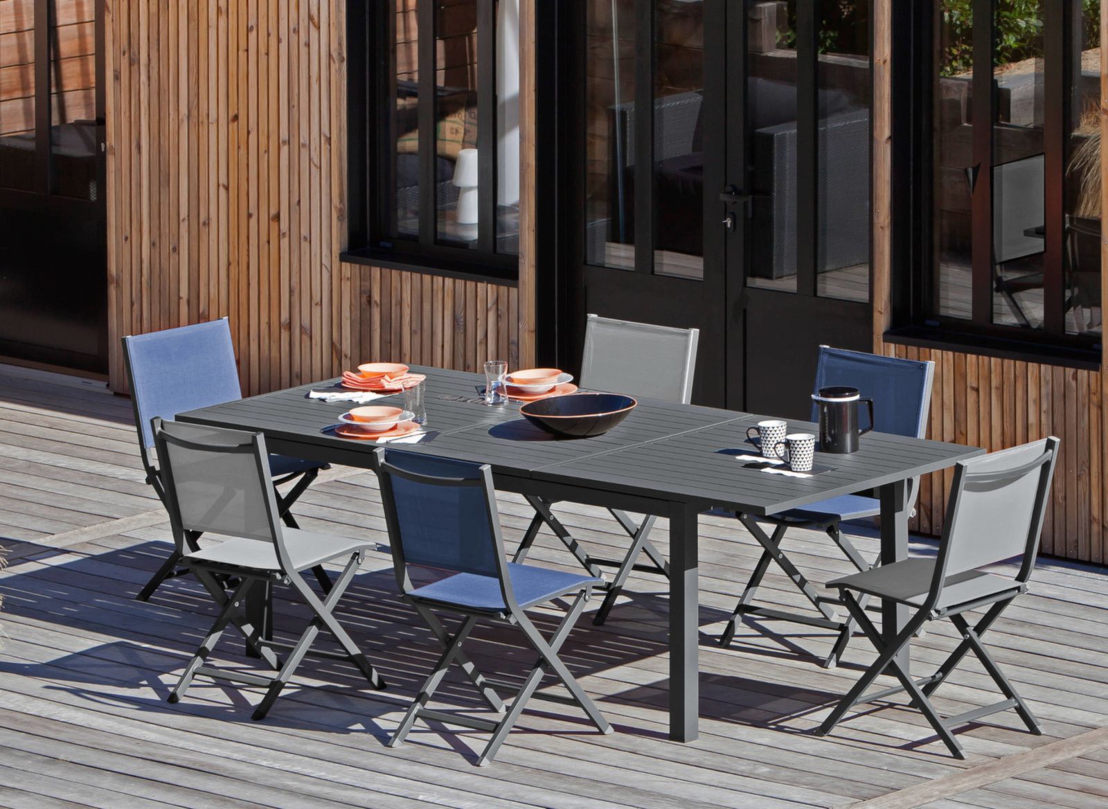 OFFERTA TAVOLO ALLUNGABILE GRAFITE 160/240X100CM GENES + 4 POLTRONE DUCA