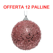 OFFERTA 12 PALLINE DI NATALE 8CM CON GLITTER ROSA CANDY