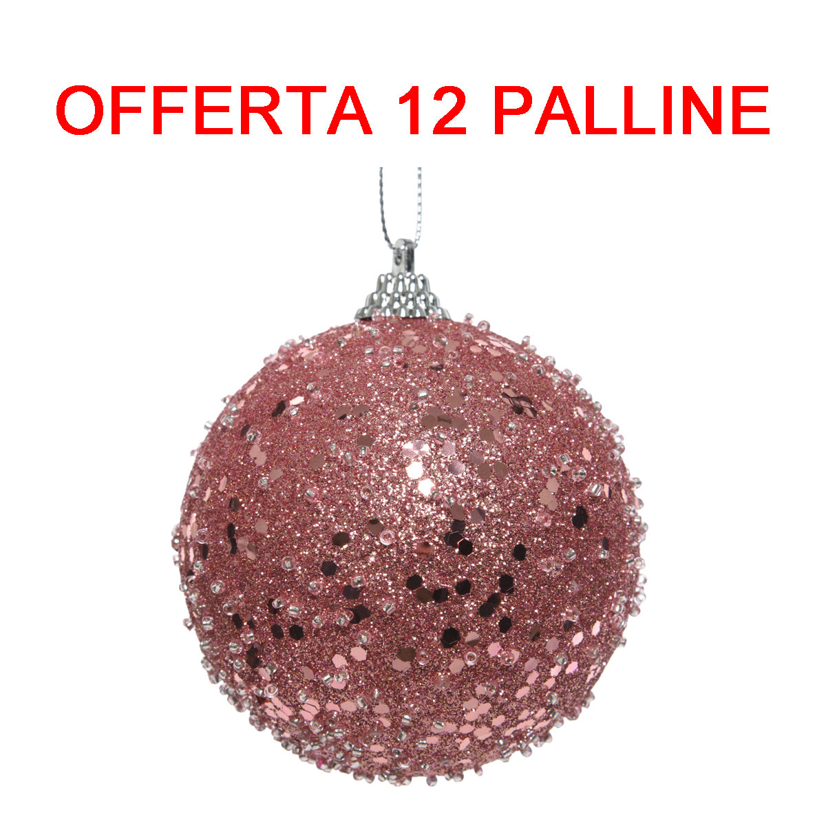 OFFERTA 12 PALLINE DI NATALE 8CM CON GLITTER ROSA CANDY