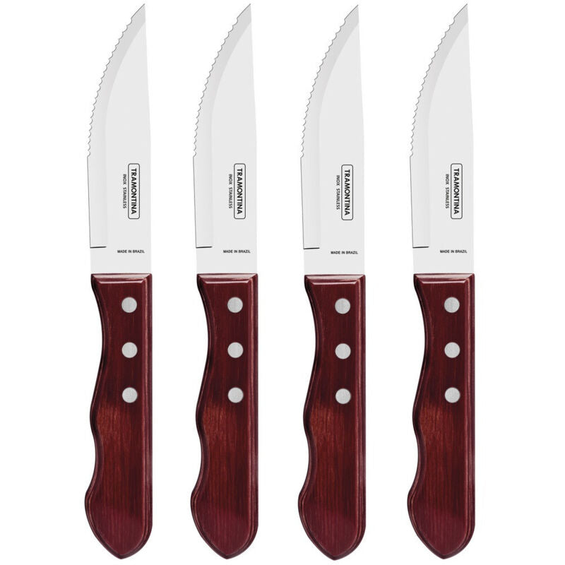Set 4 Coltelli da Bistecca Dentati a Punta Manico Poliwood Rosso Tramontina