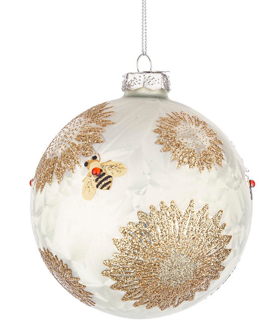 PALLINA DI NATALE BIANCA CON DECORAZIONE API E FIORI HONEYBEE Ø10CM