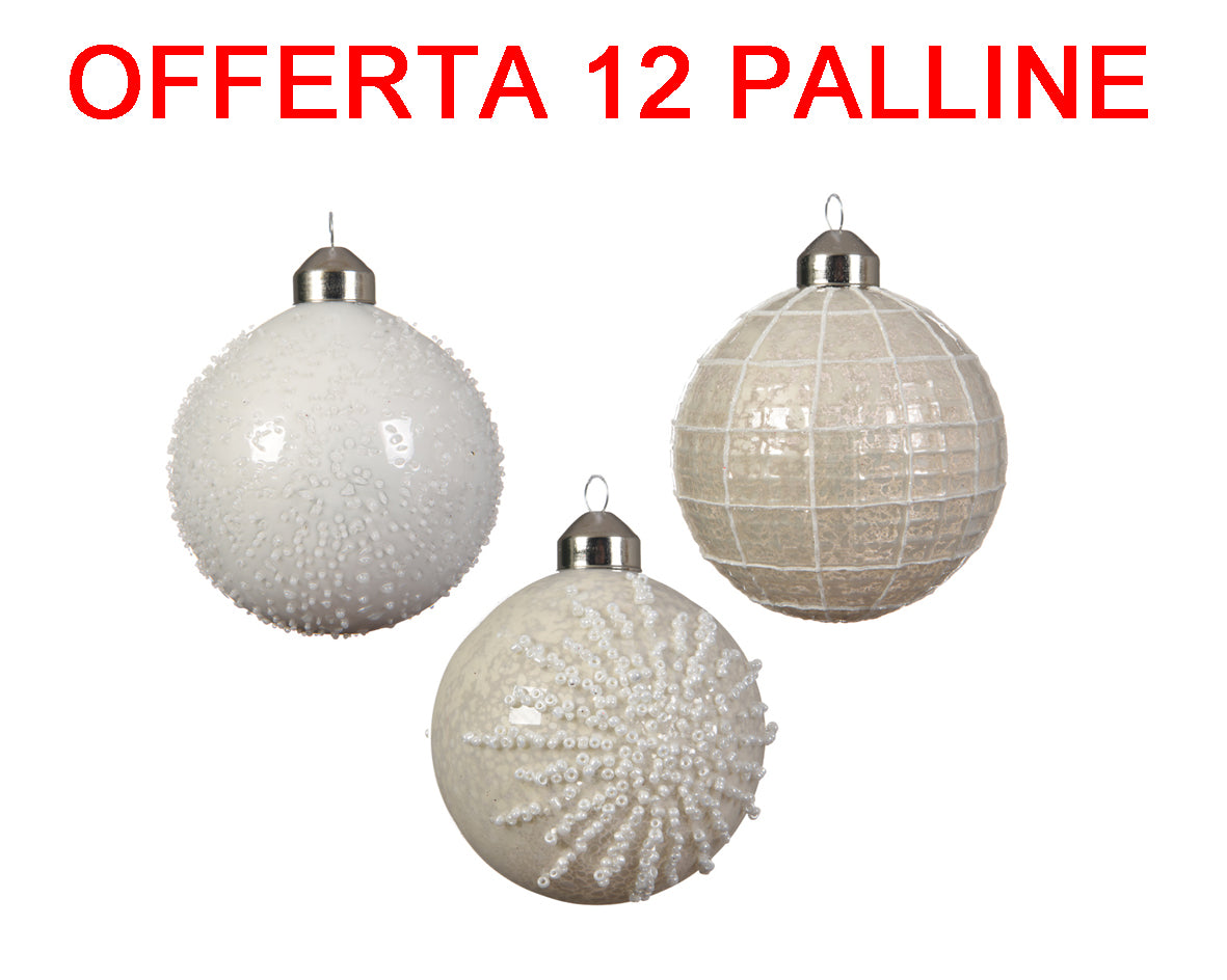 OFFERTA 12 PALLINE DI NATALE 8CM BIANCO DECORAZIONE ASSORTITA