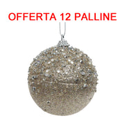 OFFERTA 12 PALLINE DI NATALE 8CM CON BRILLANTINI E DIAMANTI LINO NATURALE