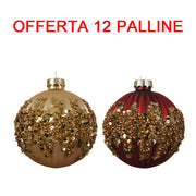 OFFERTA 12 PALLINE DI NATALE 8CM ORO CHIARO/ROSSO CON BRILLANTINI ASSORTITA