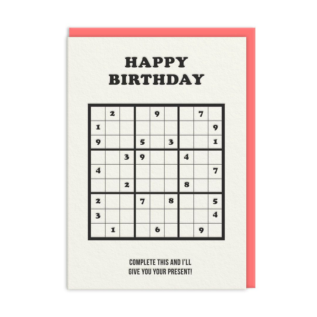 Ohh Deer Biglietto di auguri "Complete This Sudoku Birthday" A6 (152 x 112 x 1,5 mm), corallo/avorio