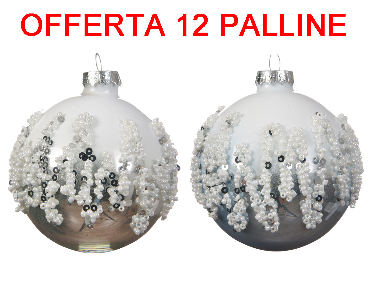 OFFERTA 12 PALLINE DI NATALE 8CM BIANCO INVERNO ASSORTITA