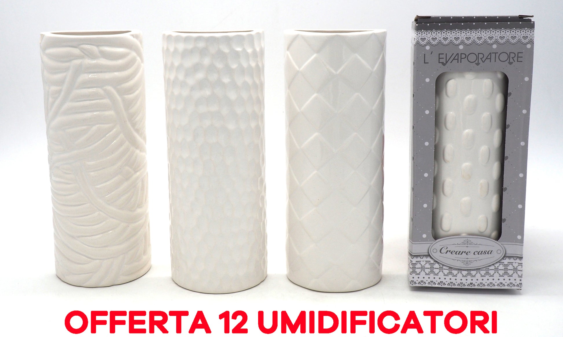OFFERTA 12 UMIDIFICATORI BIANCHI DECORATI IN CERAMICA PER TERMOSIFONI