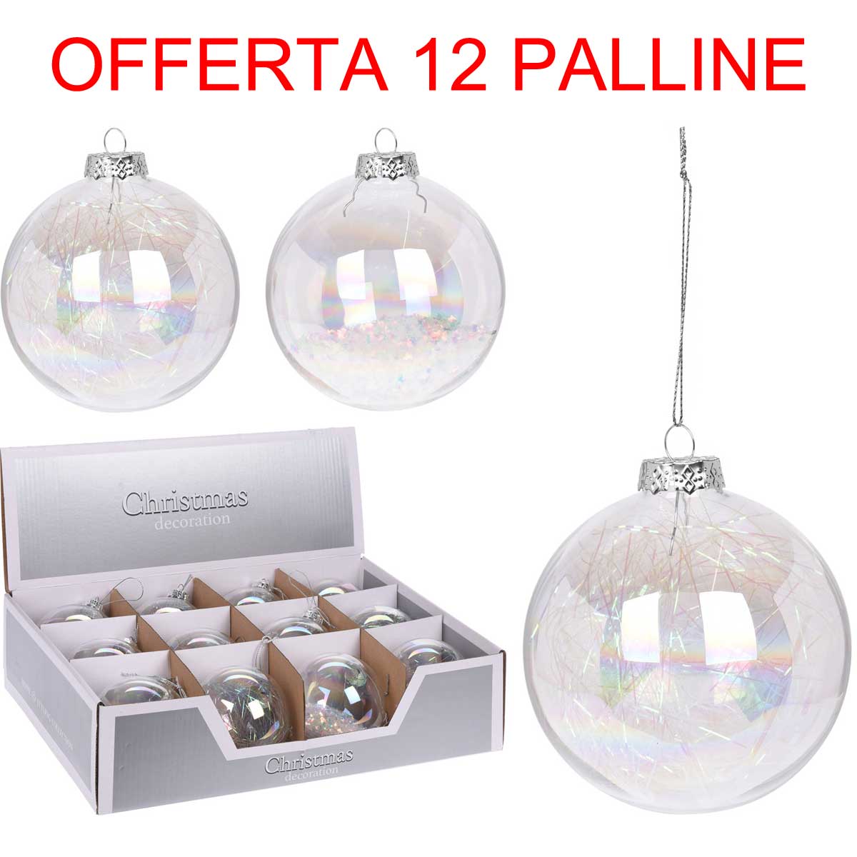 OFFERTA 12 PALLINE 8CM TRASPARENTI EFFETTO ARCOBALENO