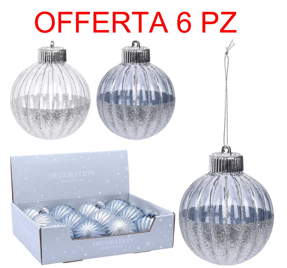 OFFERTA 6 PALLINE 8CM TRASPARENTI CON GLITTER ASSORTITE