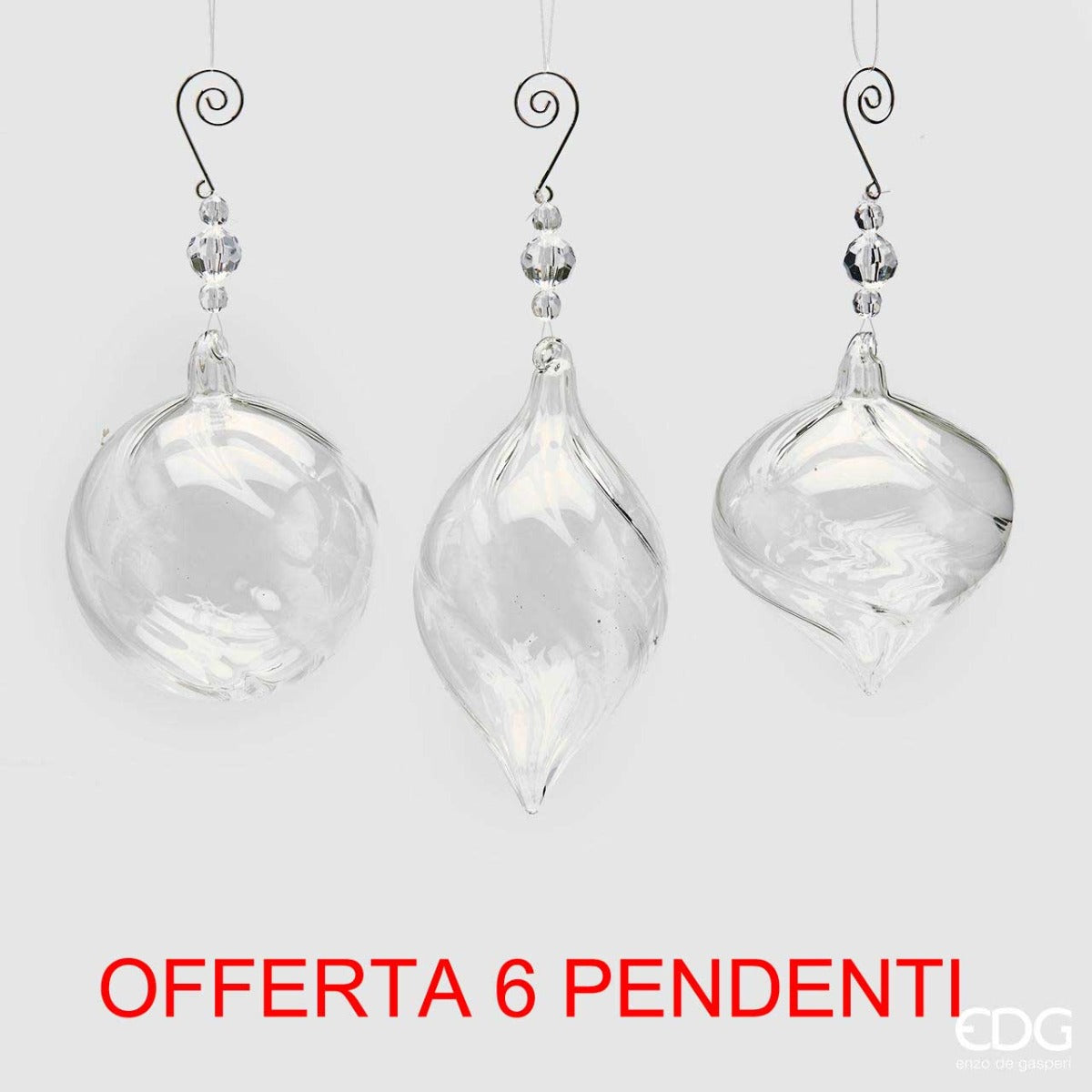 OFFERTA 6 PENDENTI PERLE IN VETRO TRASPARENTE ASSORTITI 10CM