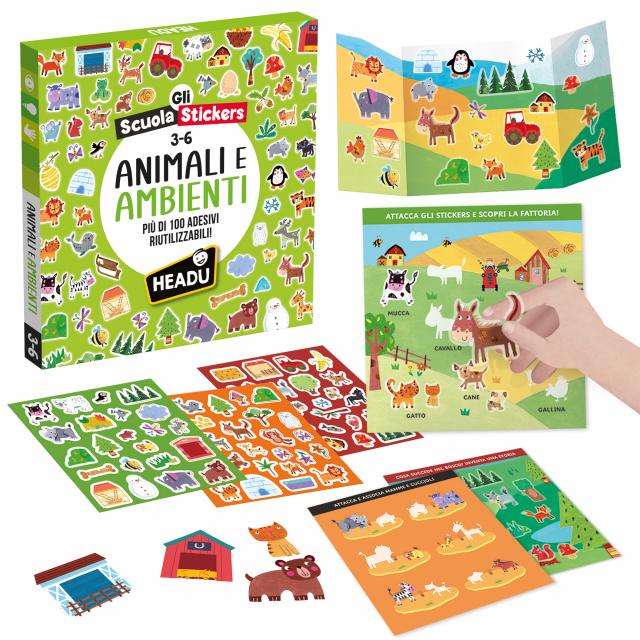 Gioco Educativo Scuola Stickers Animali e Ambienti 130 Adesivi 3-6 Anni Headu