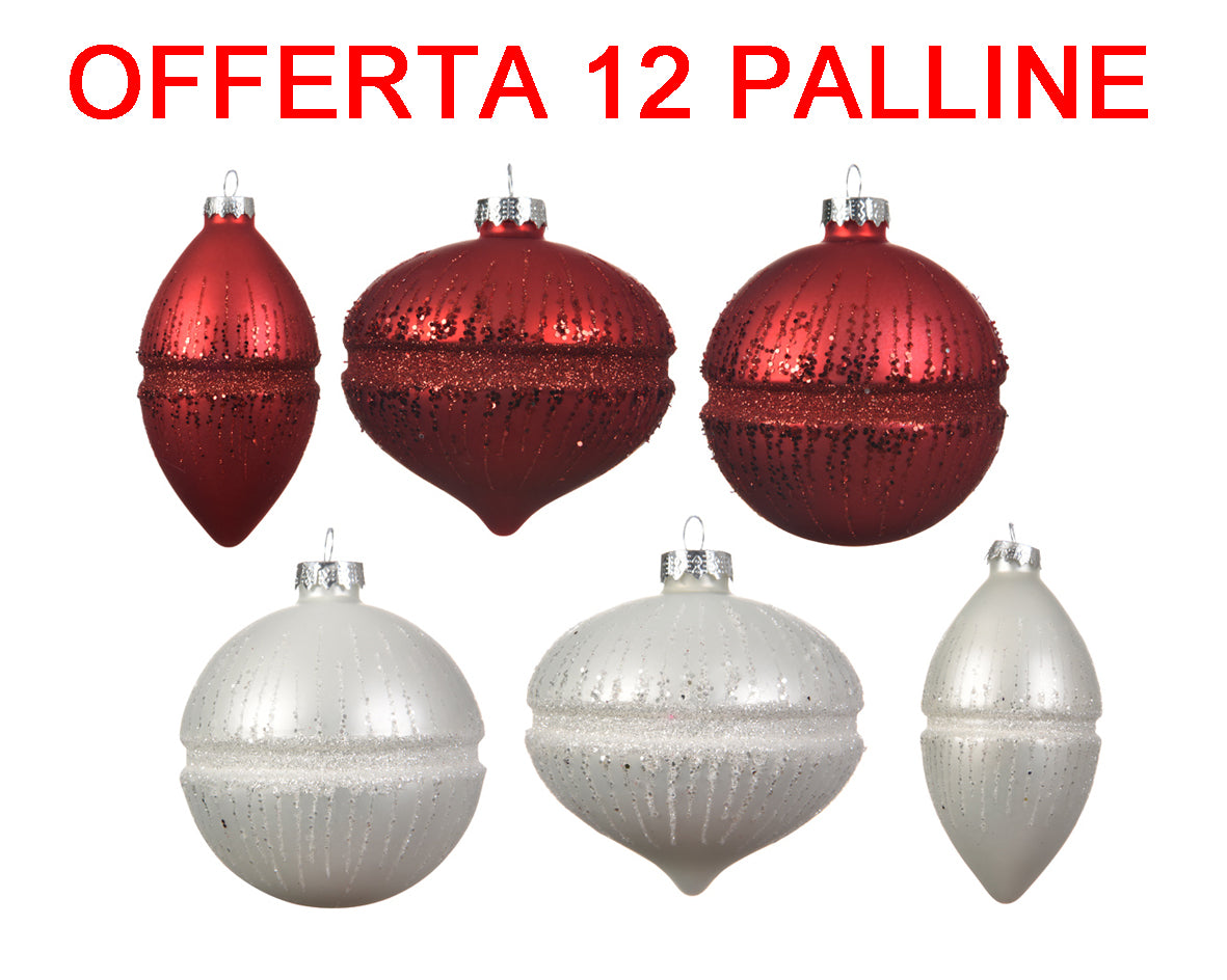 OFFERTA 12 PALLINE DI NATALE 8CM ROSSO/ARGENTO CON GLITTER ASSORTITA