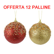 OFFERTA 12 PALLINE DI NATALE 8CM CON BRILLANTINI E DIAMANTI ROSSO/ORO ASSORTITA