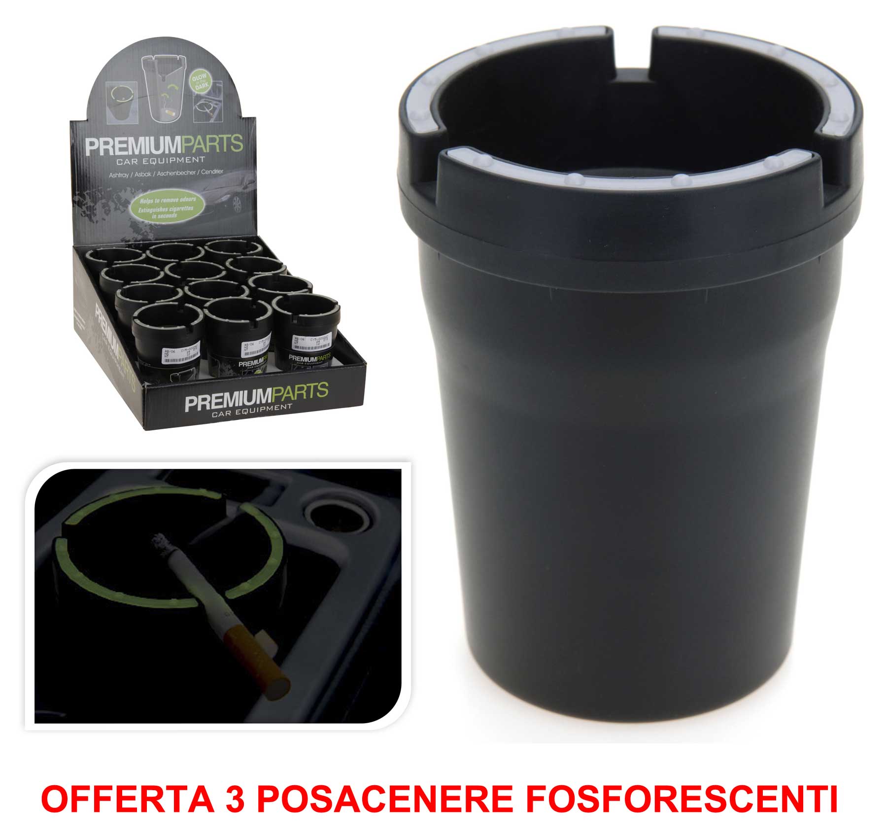 OFFERTA 3 POSACENERE NERO SI ILLUMINANO AL BUIO 8X10CM